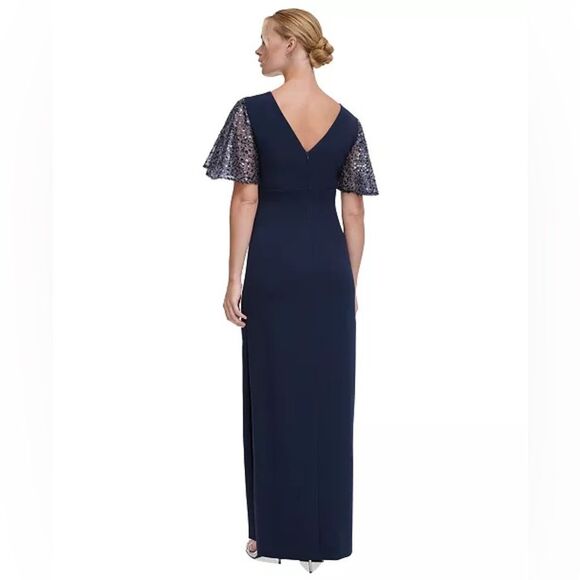 NWT DKNY | Navy Blue VvNeck Sequin Flutter Sleeve Gown 8 - Picture 4 of 13